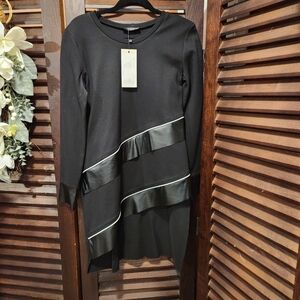 Black Long-Sleeve Asymmetric Ruffle Mini Dress